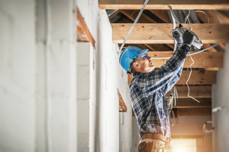 New construction electrician wiring a house that's under construction