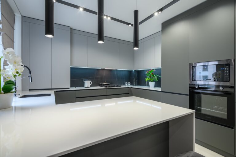 Bright, energy-efficient LED lights illuminating a modern kitchen.