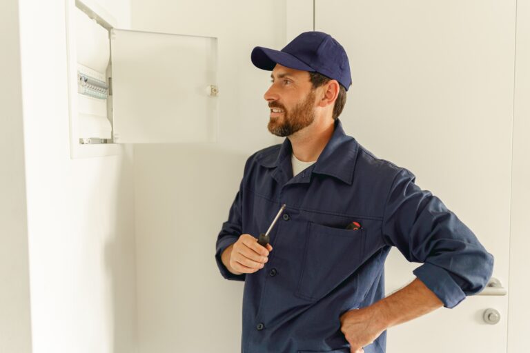 An electrician standing before a newly installed, modern electrical panel.